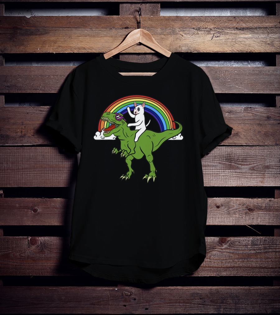 Bully Dinosaur Cat Riding T-Rex Rainbow Adventure T-Shirt
