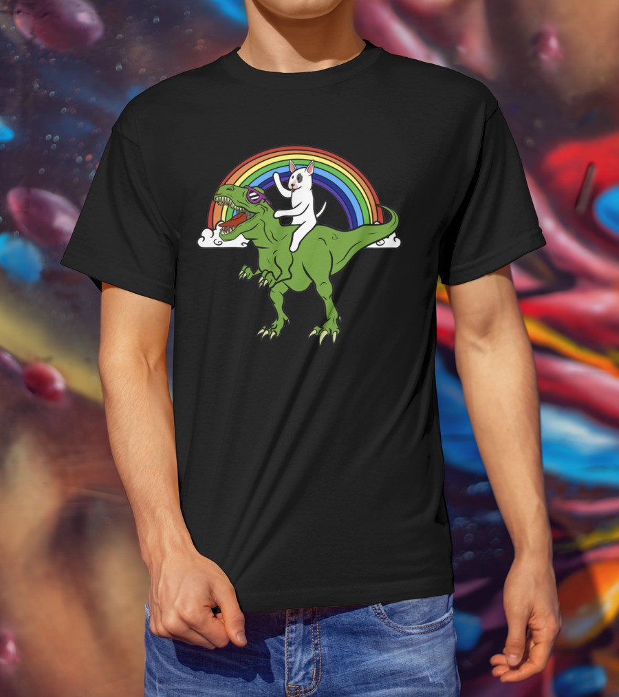Bully Dinosaur Cat Riding T-Rex Rainbow Adventure T-Shirt