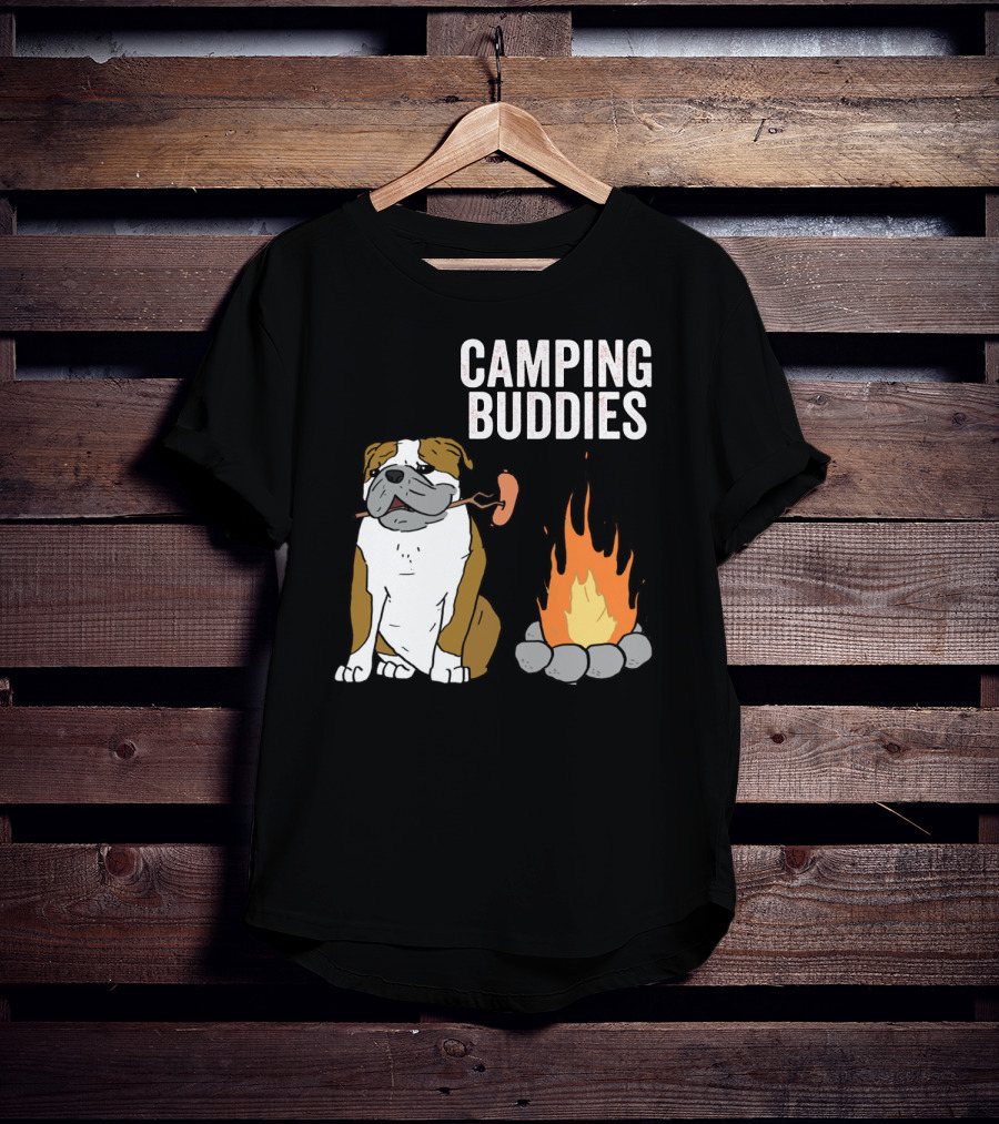Bulldog Enjoying Campfire With Sausage And Camping Buddies T-Shirt