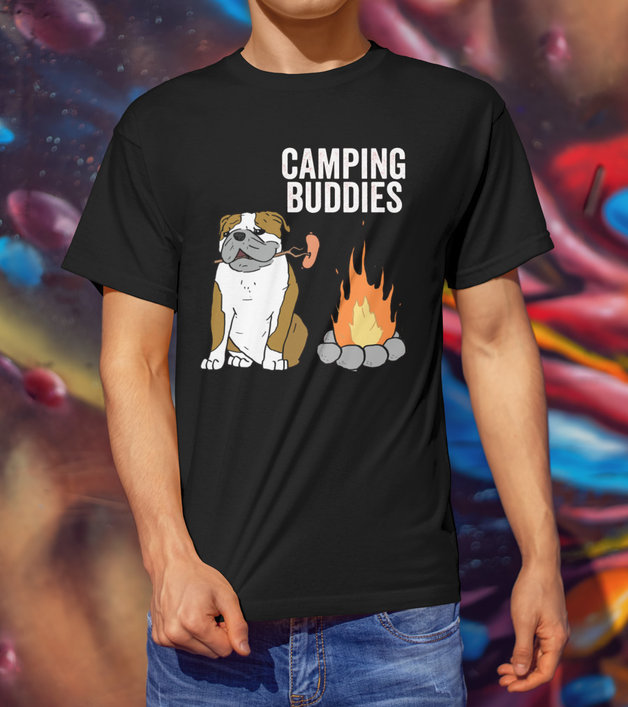 Bulldog Enjoying Campfire With Sausage And Camping Buddies T-Shirt