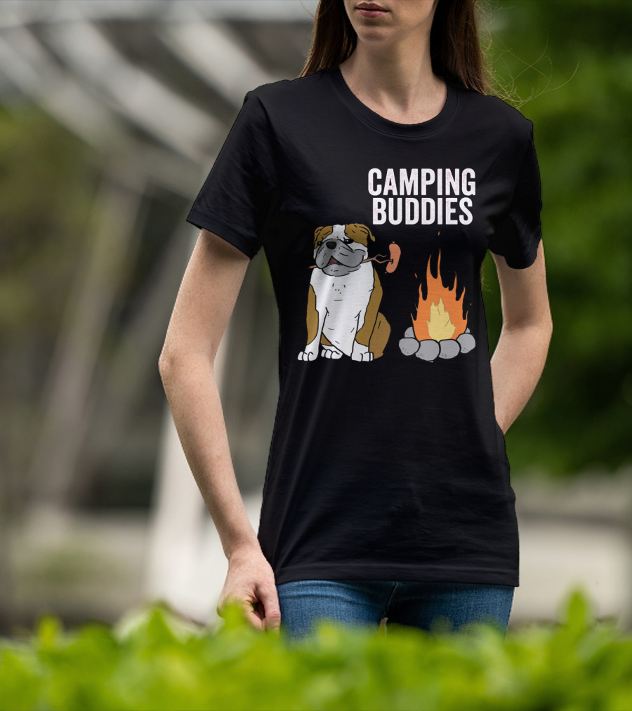 Bulldog Enjoying Campfire With Sausage And Camping Buddies T-Shirt