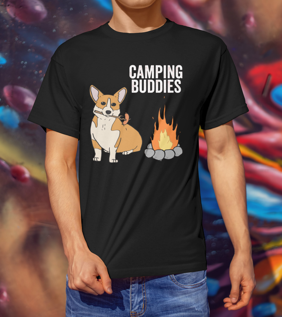 Corgi Roasting Marshmallow By Campfire - Camping Buddies Adventure T-Shirt