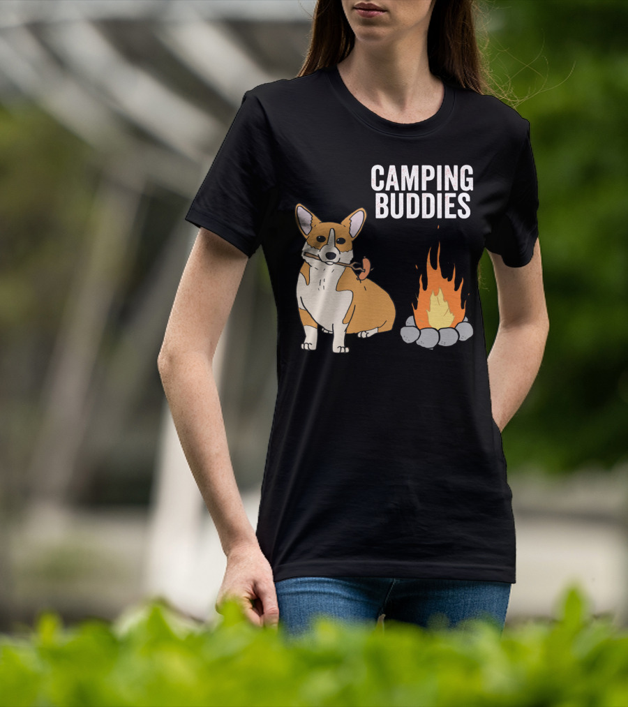 Corgi Roasting Marshmallow By Campfire - Camping Buddies Adventure T-Shirt