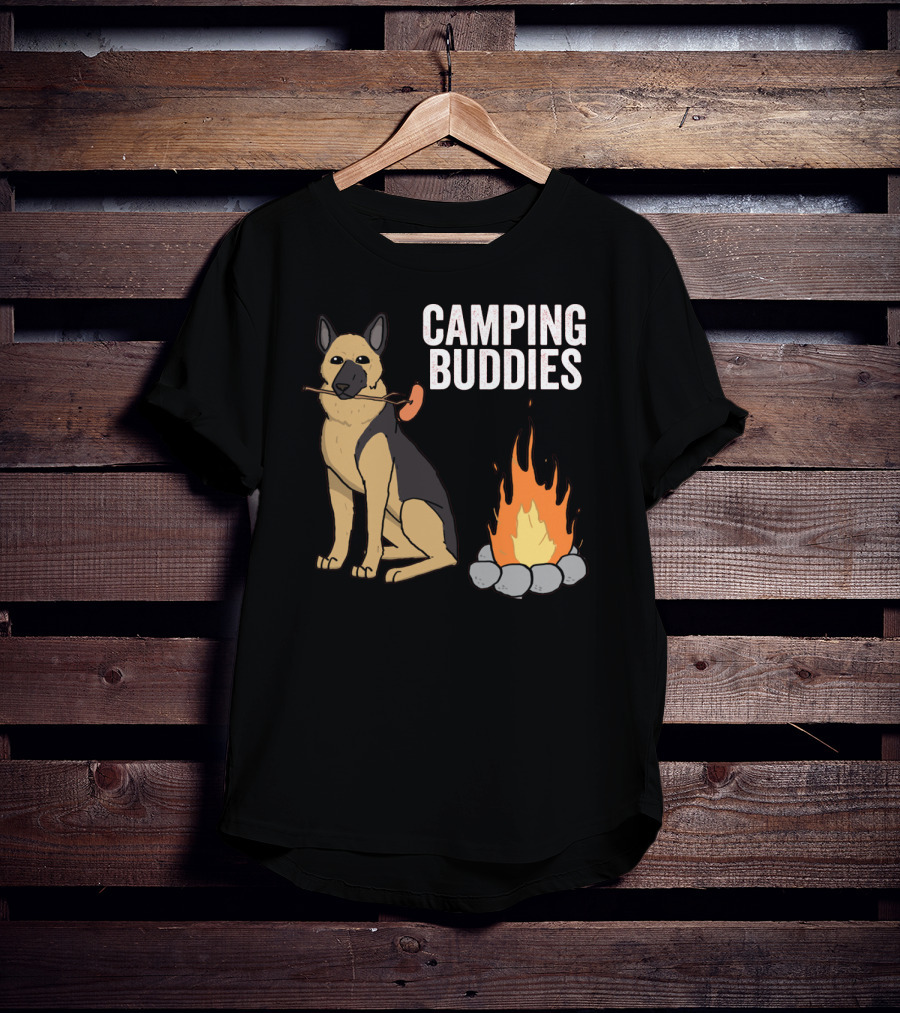 Camping Buddies German Shepherd Roasting By Campfire T-Shirt