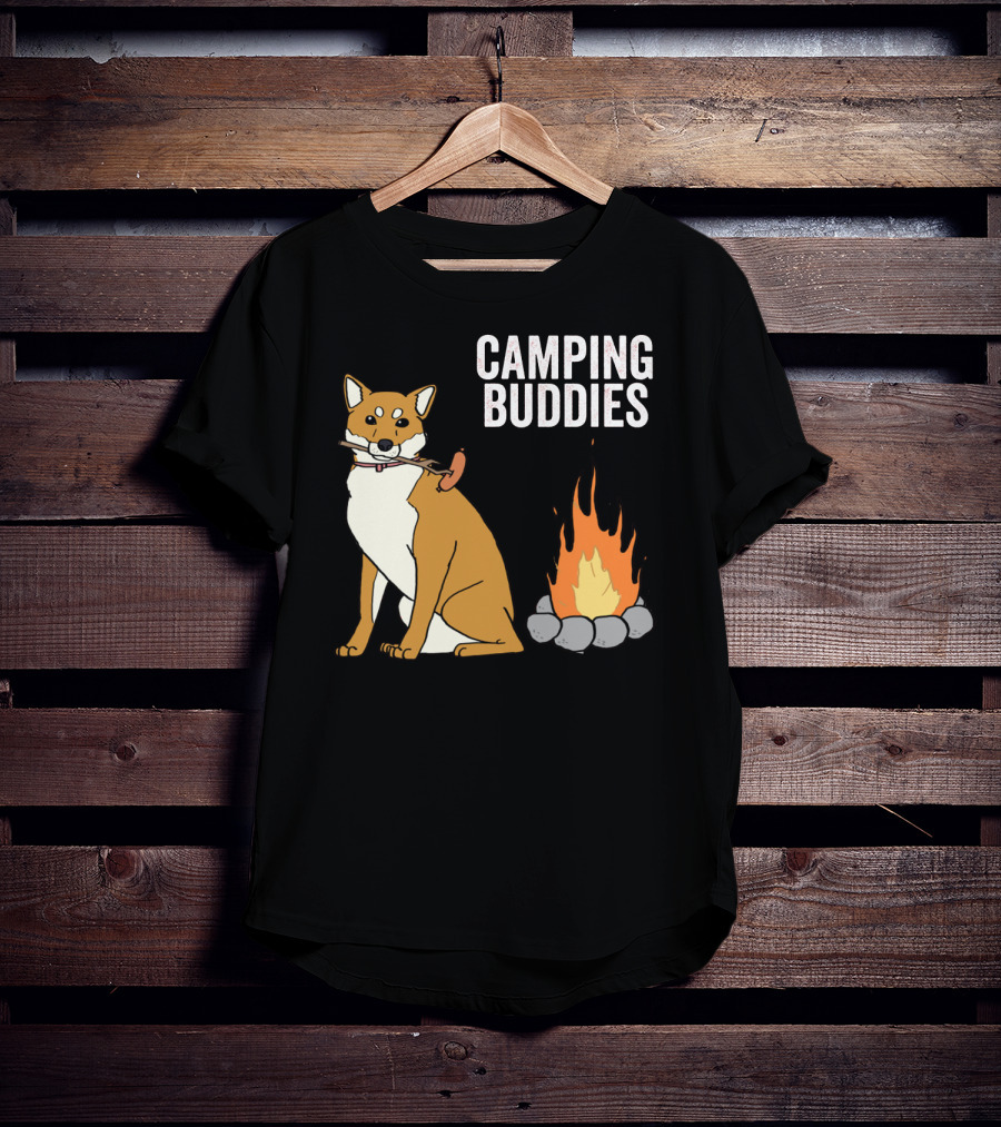 Camping Buddies Shiba Inu Roasting Sausage Near Campfire T-Shirt