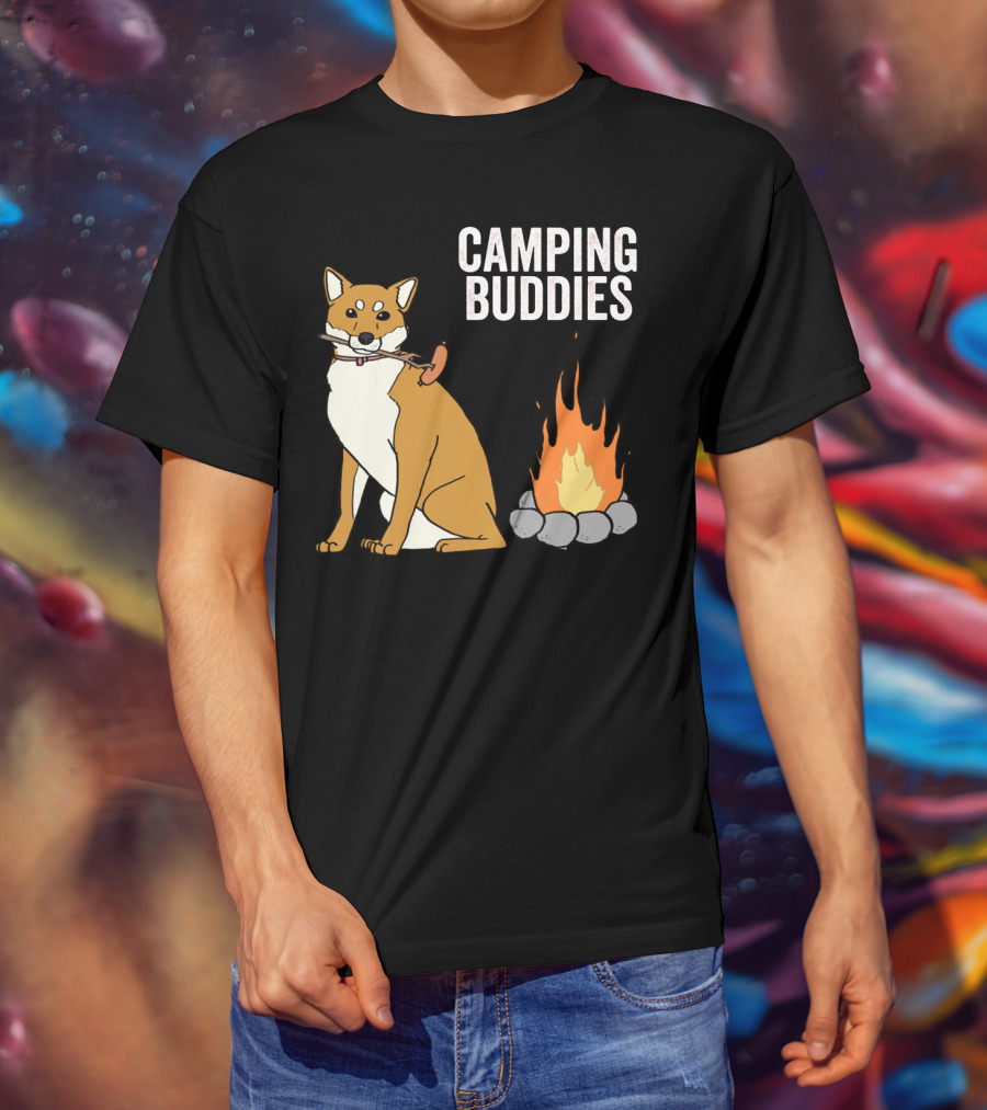 Camping Buddies Shiba Inu Roasting Sausage Near Campfire T-Shirt