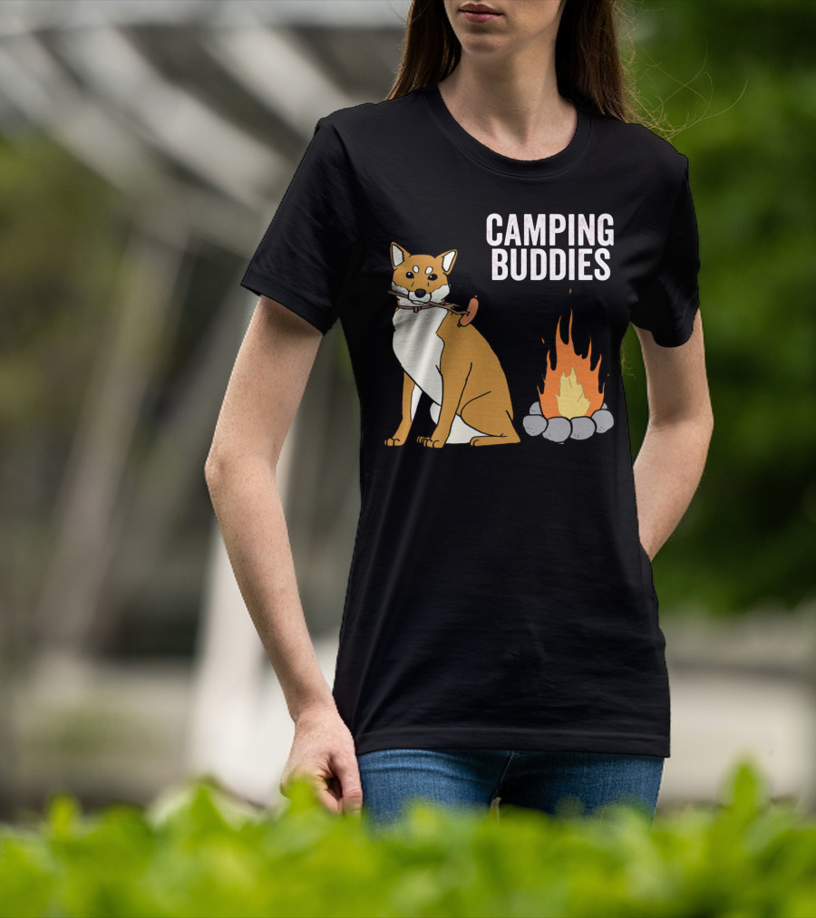 Camping Buddies Shiba Inu Roasting Sausage Near Campfire T-Shirt