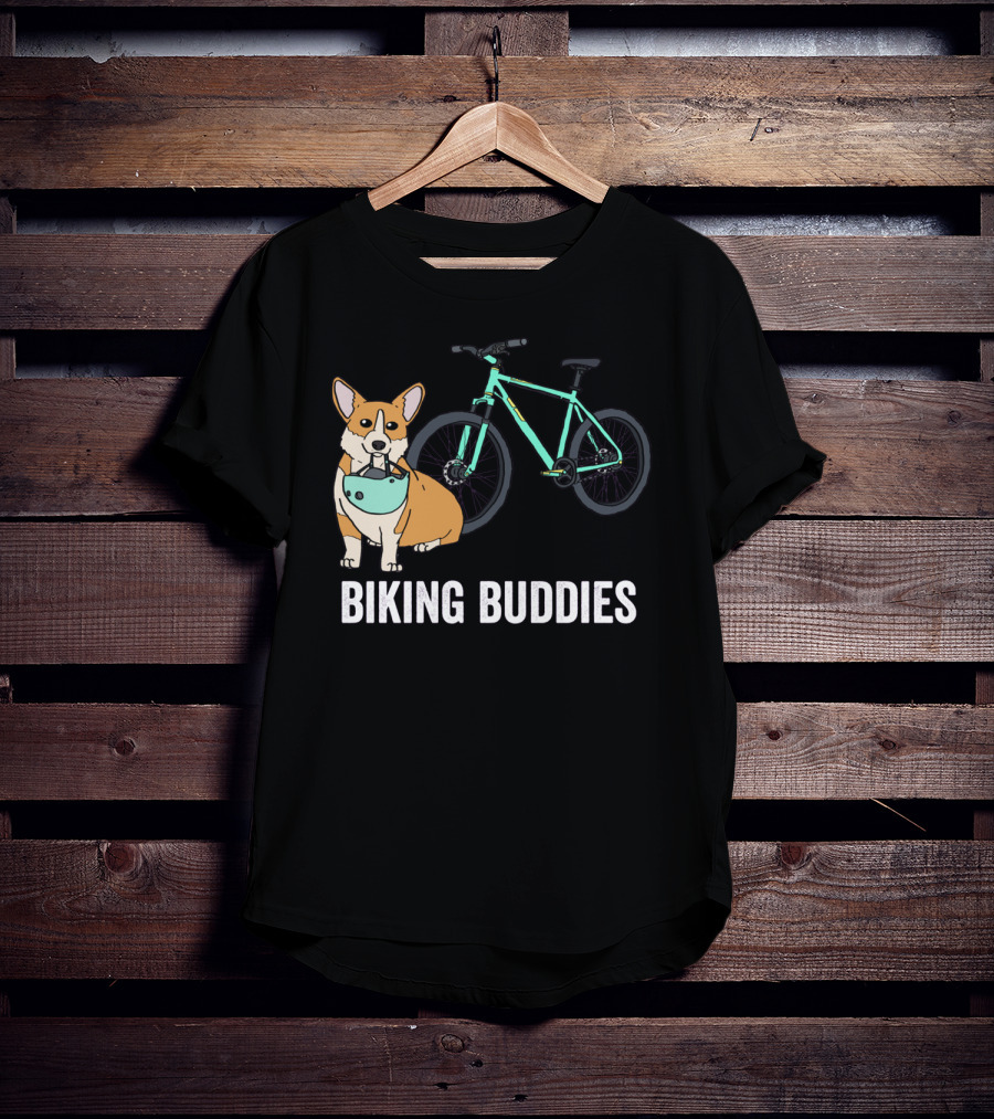 Corgi Biking Buddies With Bicycle Helmet And Mountain Bike T-Shirt