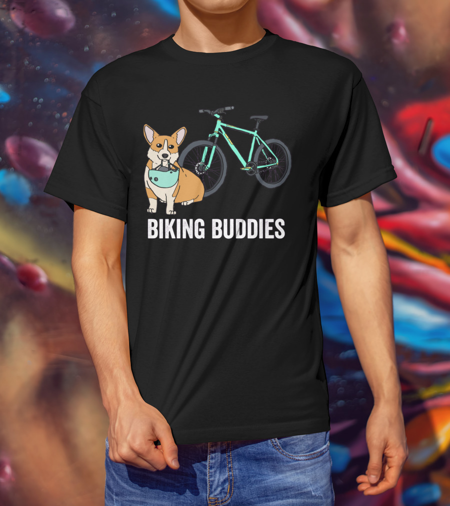 Corgi Biking Buddies With Bicycle Helmet And Mountain Bike T-Shirt