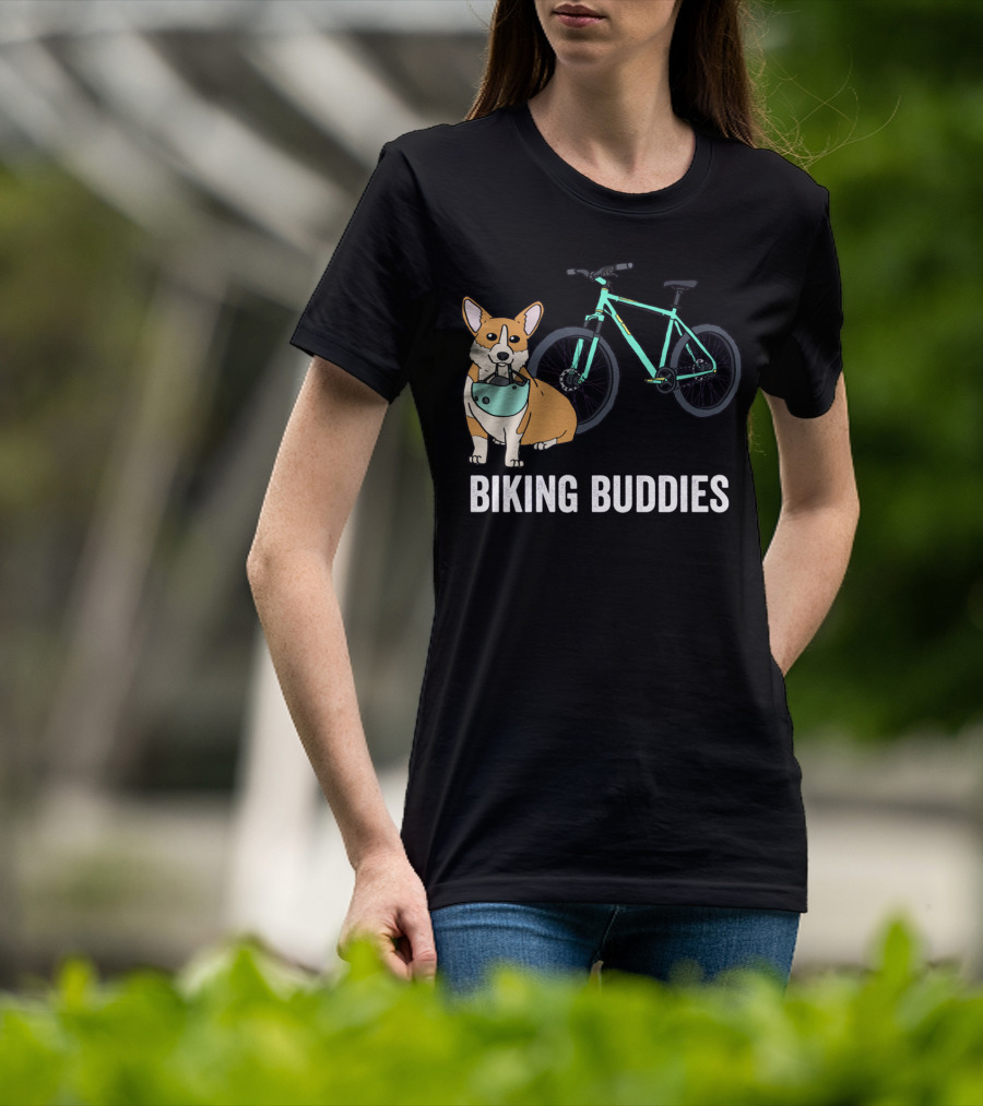 Corgi Biking Buddies With Bicycle Helmet And Mountain Bike T-Shirt