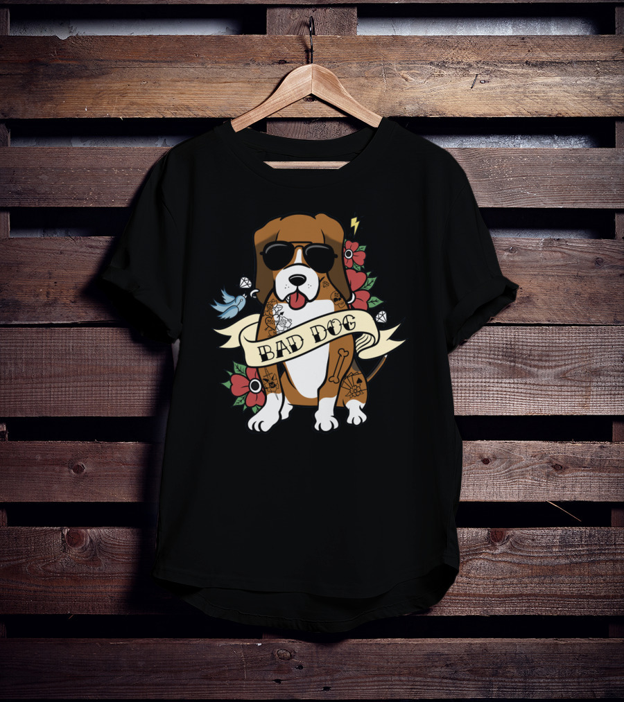 Bad Dog Basset Hound With Sunglasses And Tattoo Motifs T-Shirt