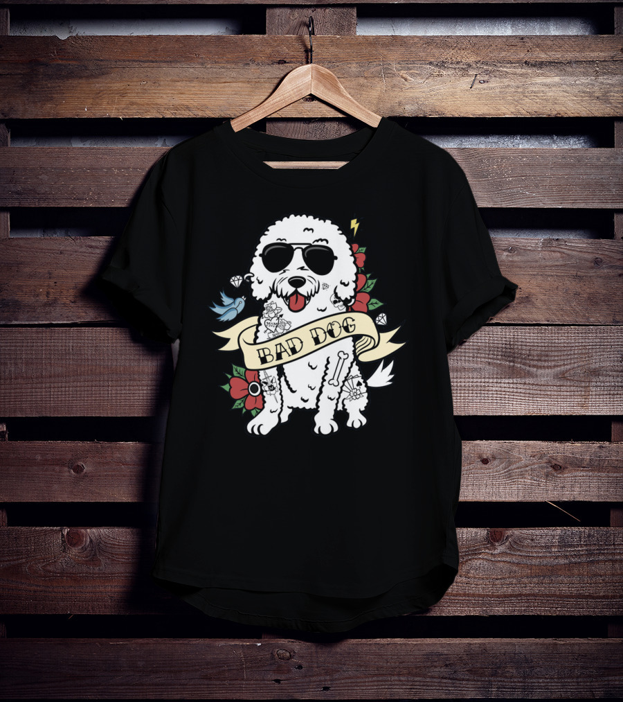 Bichon Frise Bad Dog With Sunglasses Tattoo And Flowers T-Shirt