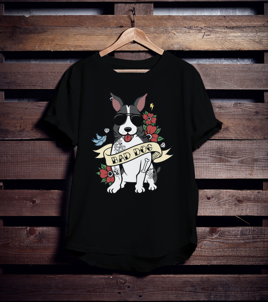 Bad Dog Boston Terrier With Tattoos And Sunglasses Floral And Lightning T-Shirt
