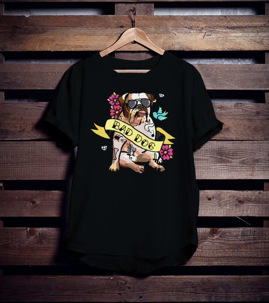 Bad Dog Bulldog With Tattoos And Sunglasses Amidst Flowers And Bluebird T-Shirt
