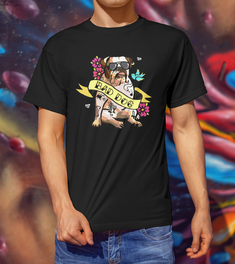 Bad Dog Bulldog With Tattoos And Sunglasses Amidst Flowers And Bluebird T-Shirt