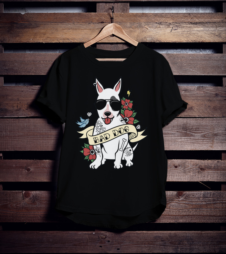 BAD DOG Tattooed Bull Terrier With Sunglasses And Flowers T-Shirt