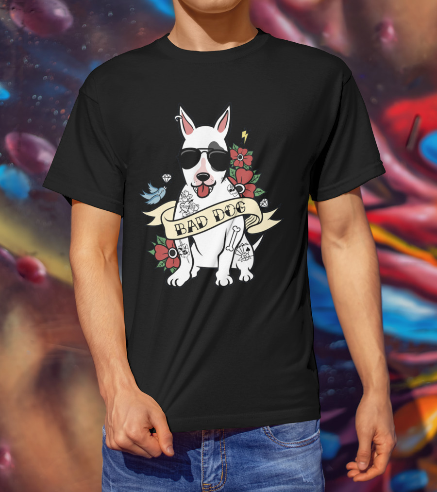 BAD DOG Tattooed Bull Terrier With Sunglasses And Flowers T-Shirt
