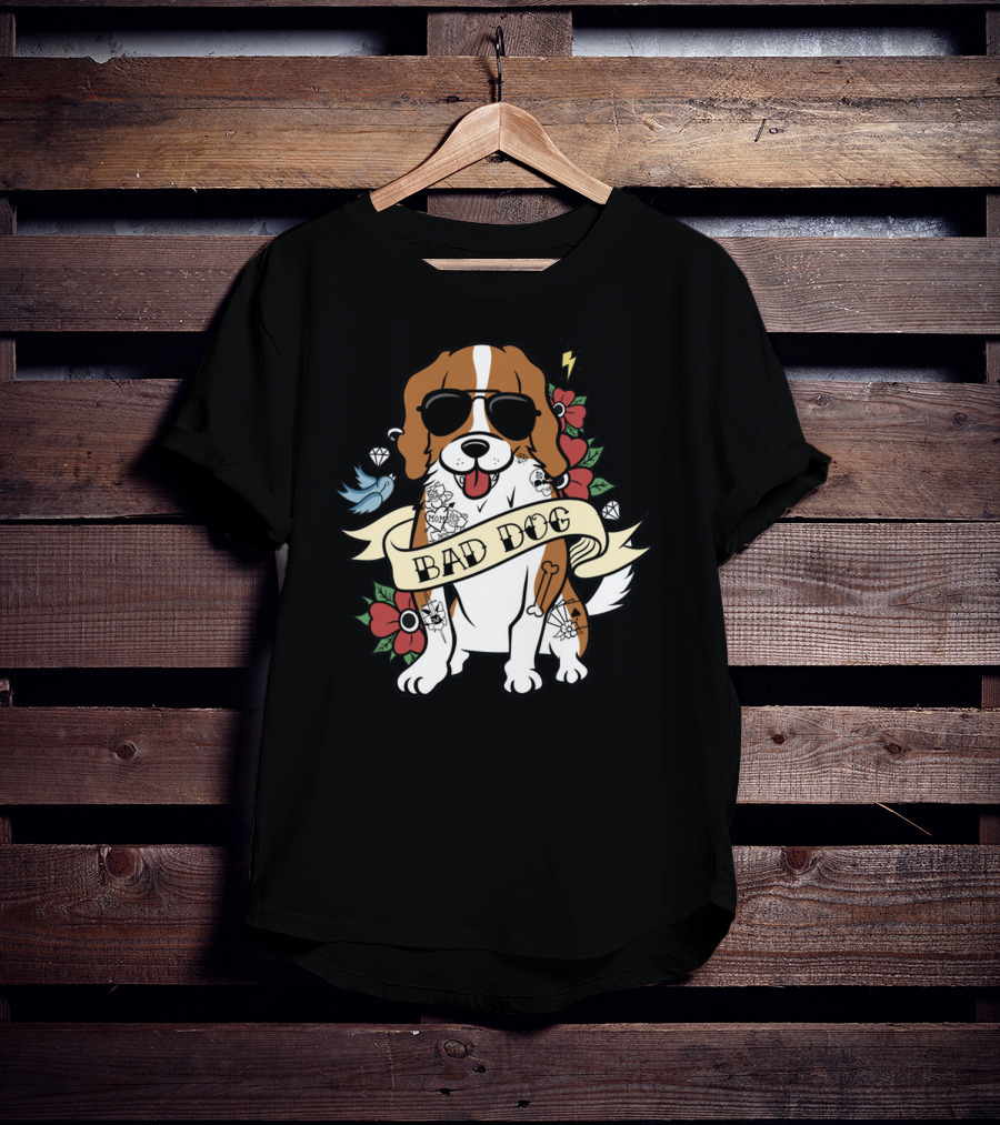 Cavalier Bad Dog With Tattoos And Sunglasses Surrounded By Flowers And Symbols T-Shirt