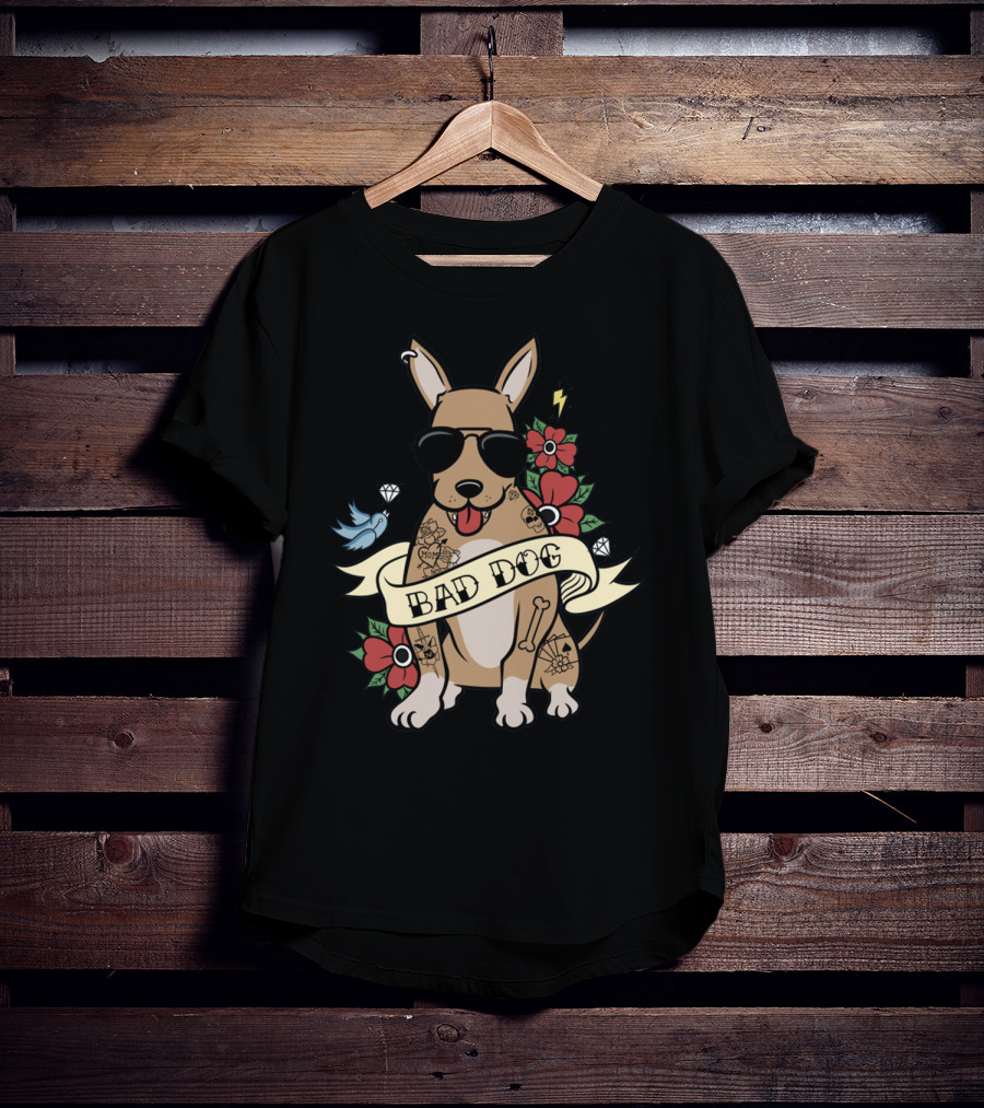 Chihuahua Bad Dog Tattoo Style With Sunglasses Flowers And Bird T-Shirt