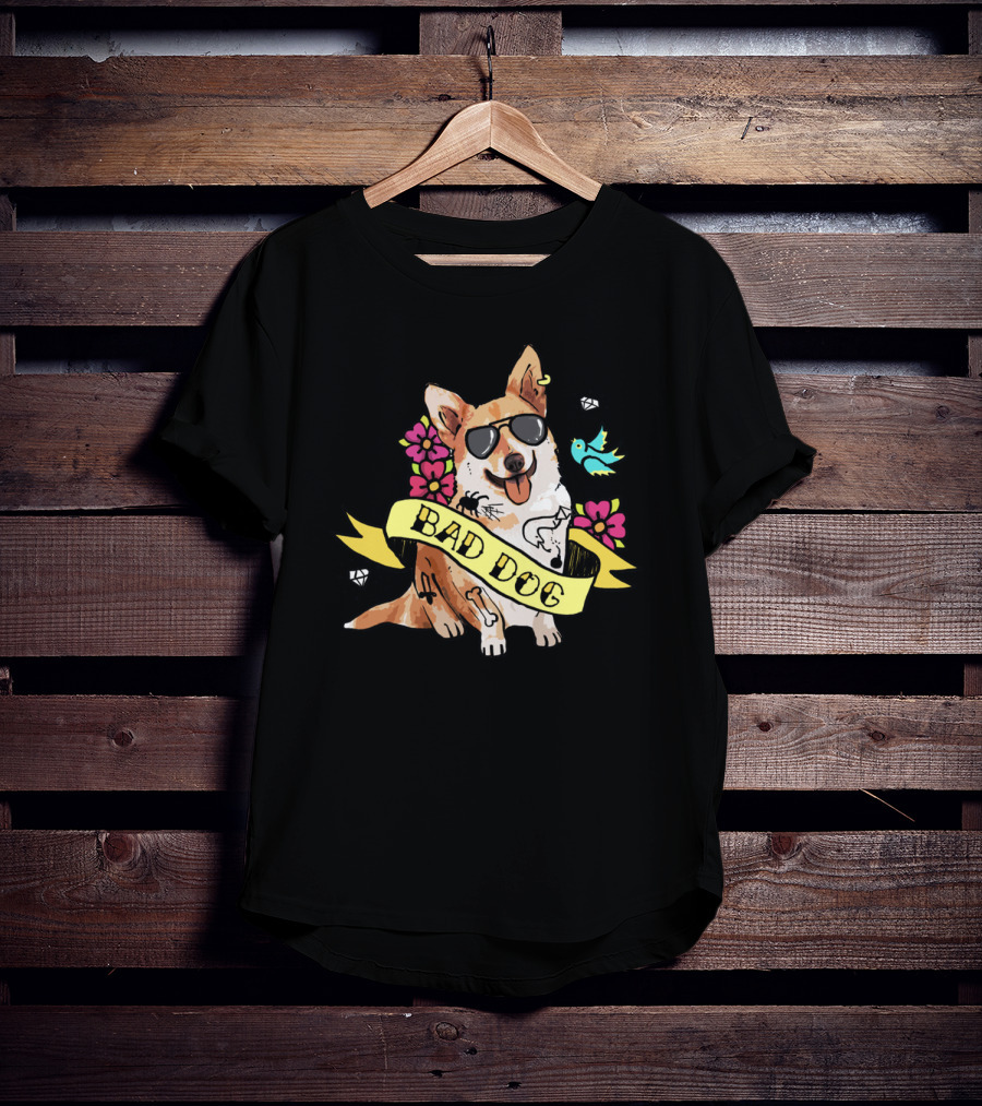 Bad Dog Corgi With Sunglasses And Flowers T-Shirt
