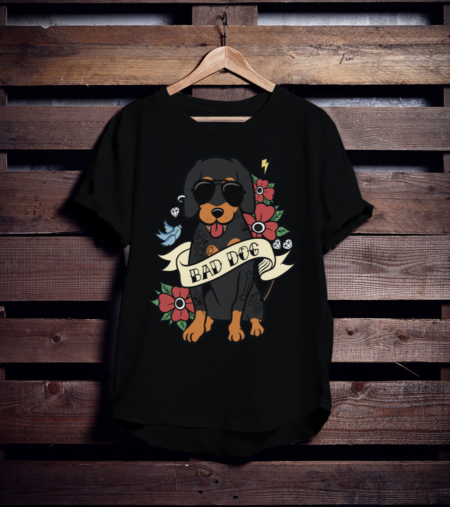 Bad Dog Cool Dachshund With Sunglasses And Tattoos Surrounded By Flowers And Lightning T-Shirt
