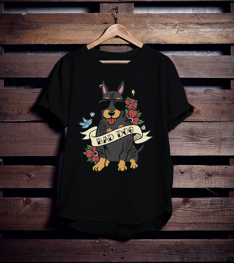 Bad Dog Doberman With Sunglasses And Tattoos Surrounded By Flowers And Bird Icons T-Shirt
