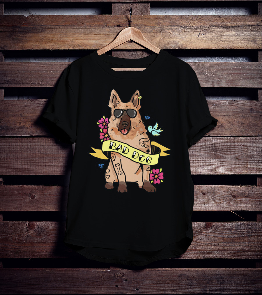 German Shepherd Bad Dog Cool Sunglasses Tattoo Style Flowers And Bird Banner T-Shirt