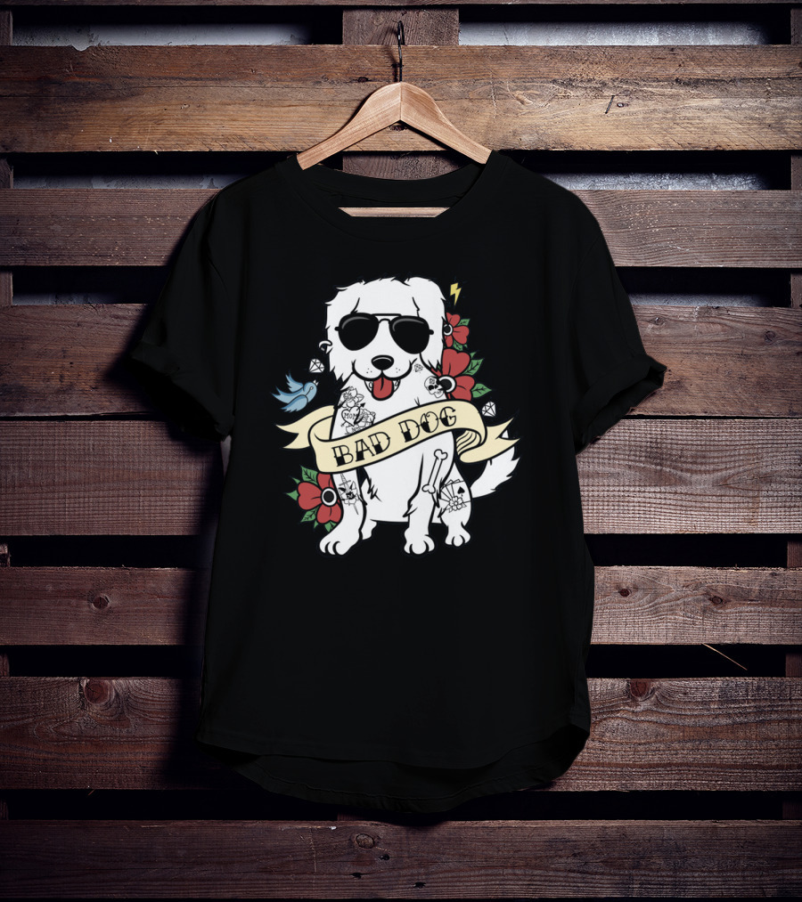 Great Pyrenees Bad Dog With Sunglasses And Tattoo Style Flowers T-Shirt