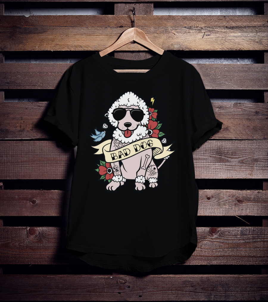 Poodle Bad Dog Wearing Sunglasses Tattoo Style With Lightning Flowers And Blue Bird T-Shirt