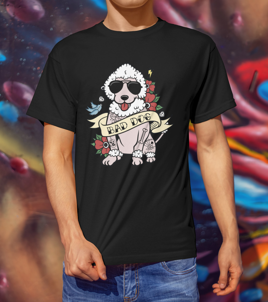 Poodle Bad Dog Wearing Sunglasses Tattoo Style With Lightning Flowers And Blue Bird T-Shirt