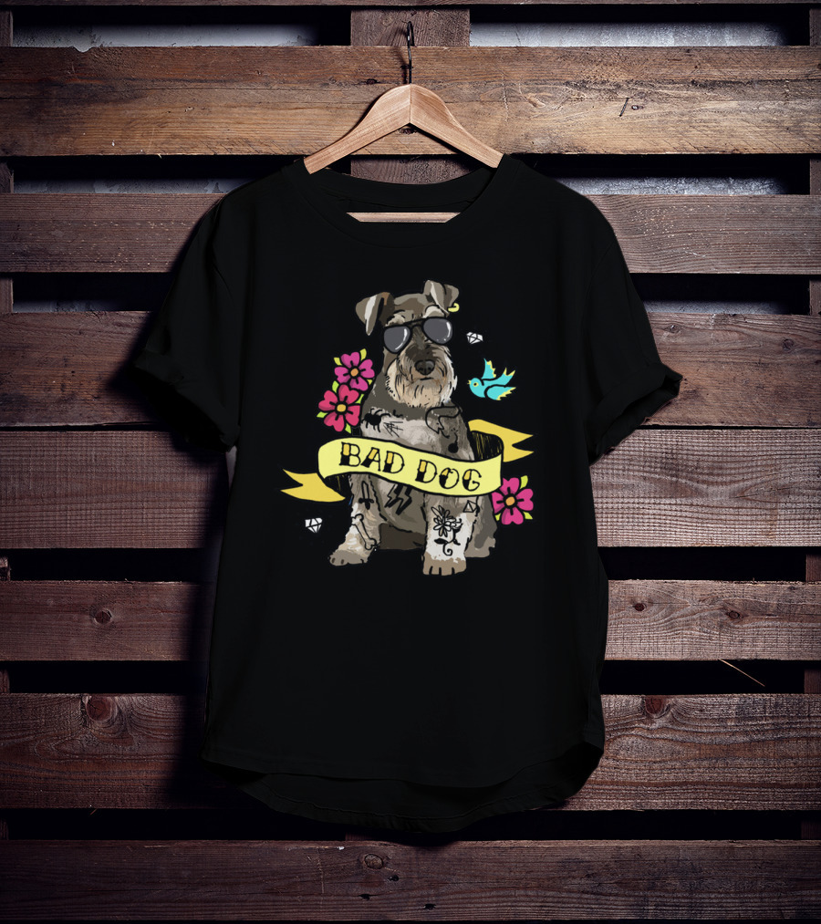 Schnauzer Bad Dog Tattoo Style With Flowers And Bird T-Shirt