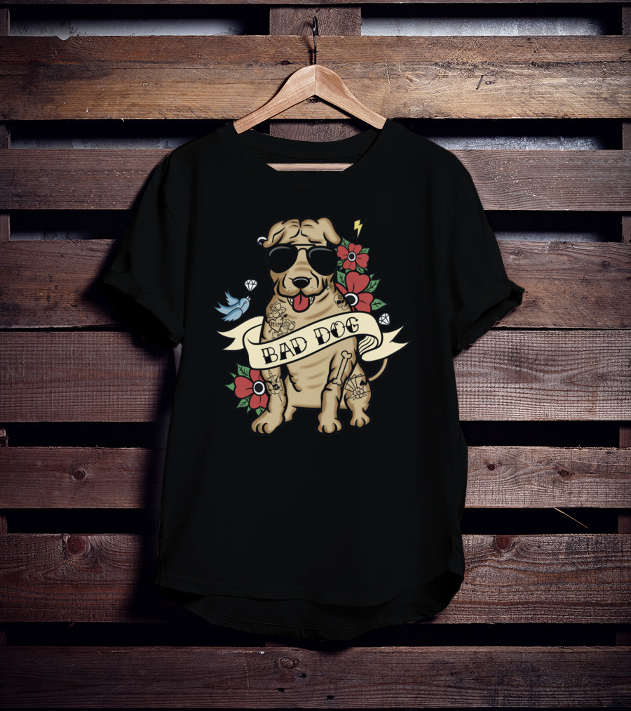 Shar Pei Bad Dog With Sunglasses Tattoos Flowers And Lightning T-Shirt