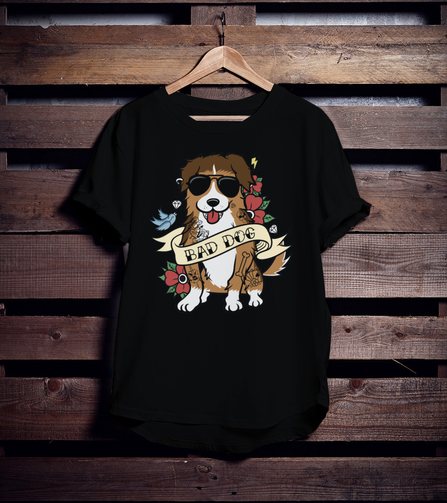 Sheltie Bad Dog Tattoo Style Sunglasses Flowers Diamonds Bone T-Shirt