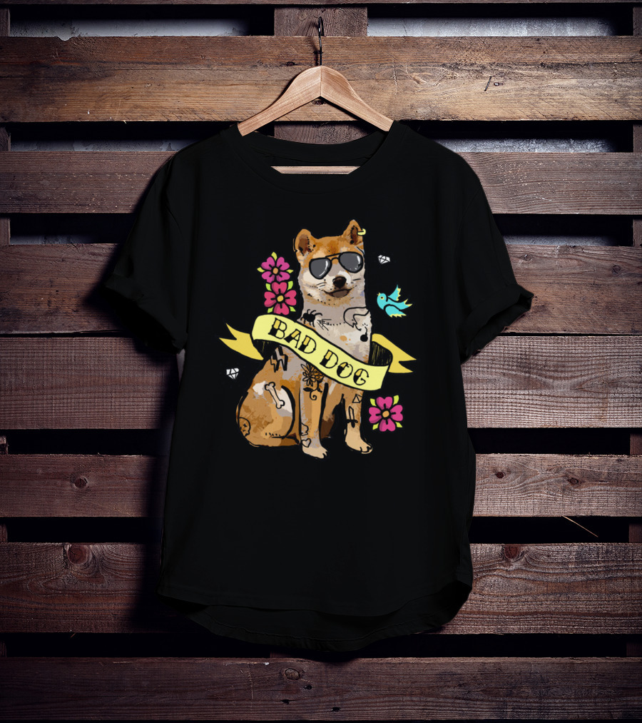 Shiba Inu Bad Dog With Sunglasses And Tattoos Ribbon Art Flowers Bird Diamond T-Shirt