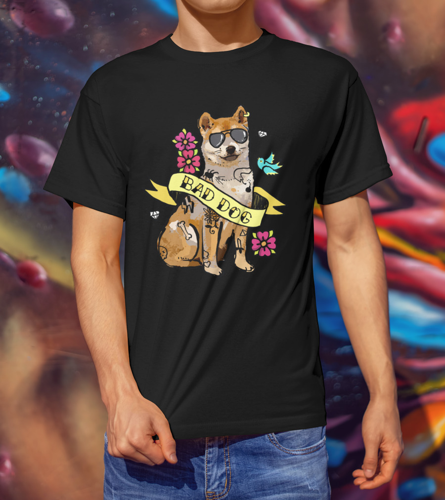 Shiba Inu Bad Dog With Sunglasses And Tattoos Ribbon Art Flowers Bird Diamond T-Shirt