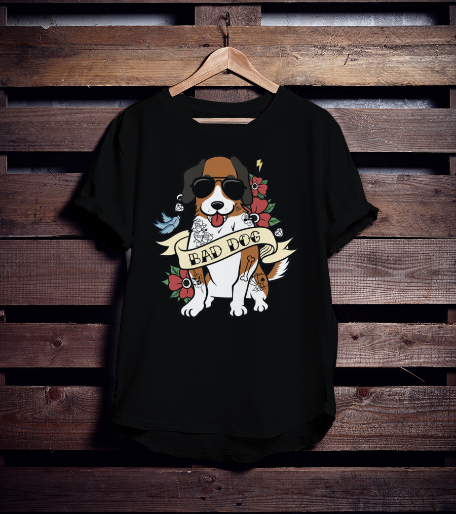 St Bernard Bad Dog Sunglasses Tattoo Flowers Bird Lightning Jewelry T-Shirt
