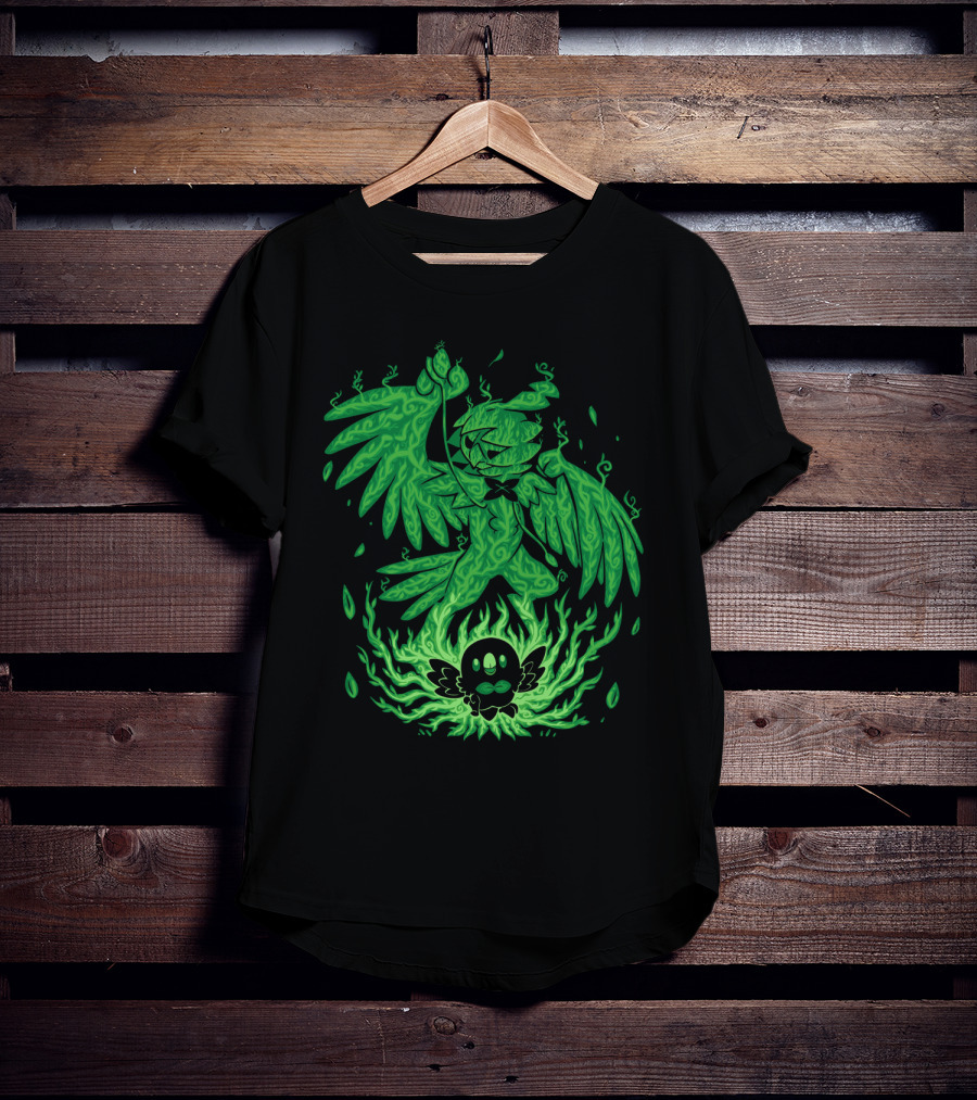Evolution Pokemon Decidueye Rowlet Ghostly Green Flames T-Shirt