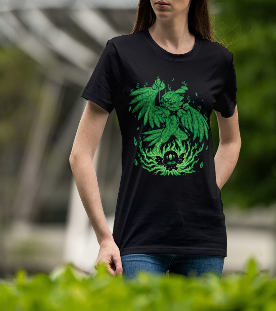 Evolution Pokemon Decidueye Rowlet Ghostly Green Flames T-Shirt