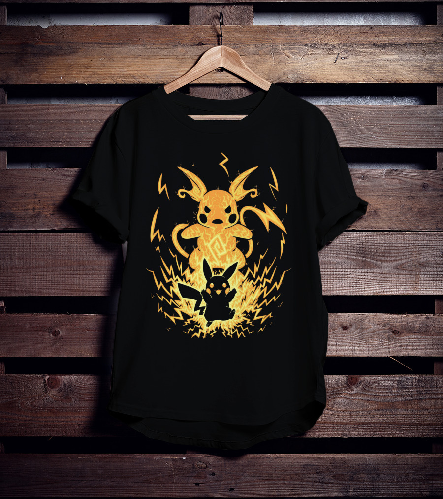 Evolution Pokemon Raichu With Pikachu And Lightning Background T-Shirt