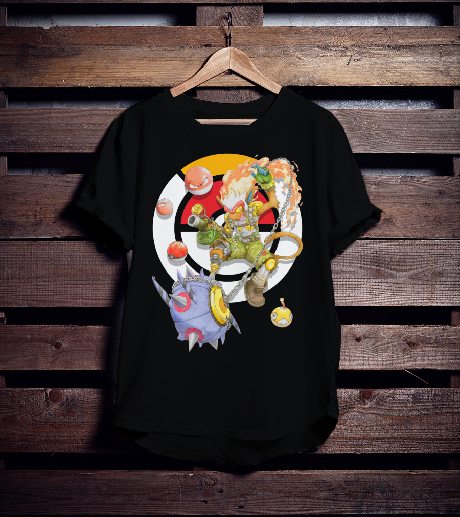 Pokemon X Overwatch Infernape And Junkrat Mashup With Pokeballs And Team Emblem T-Shirt
