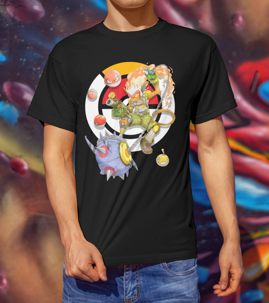 Pokemon X Overwatch Infernape And Junkrat Mashup With Pokeballs And Team Emblem T-Shirt