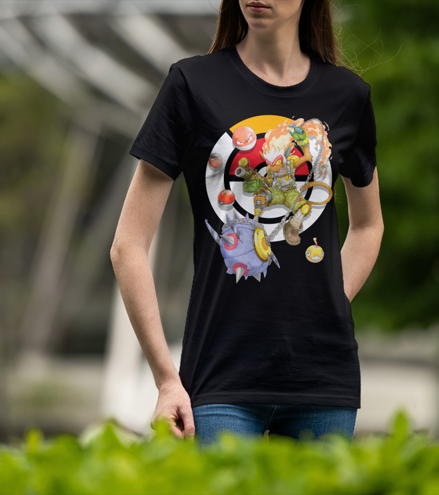 Pokemon X Overwatch Infernape And Junkrat Mashup With Pokeballs And Team Emblem T-Shirt