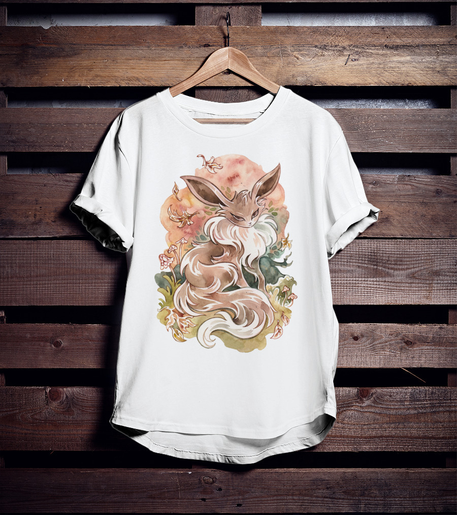 Watercolor Pokemon Eevee With Autumn Leaves And Flowers T-Shirt