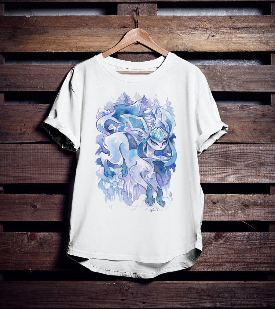 Watercolor Pokemon Glaceon Snowy Forest Background T-Shirt