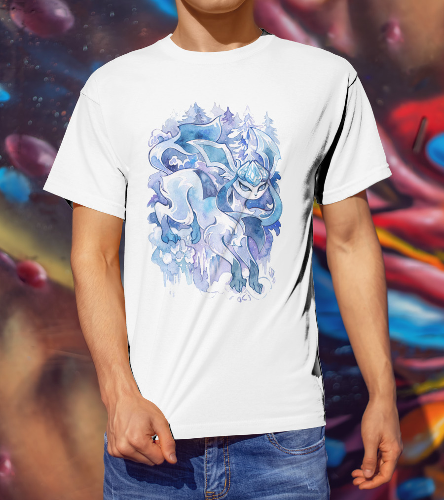 Watercolor Pokemon Glaceon Snowy Forest Background T-Shirt