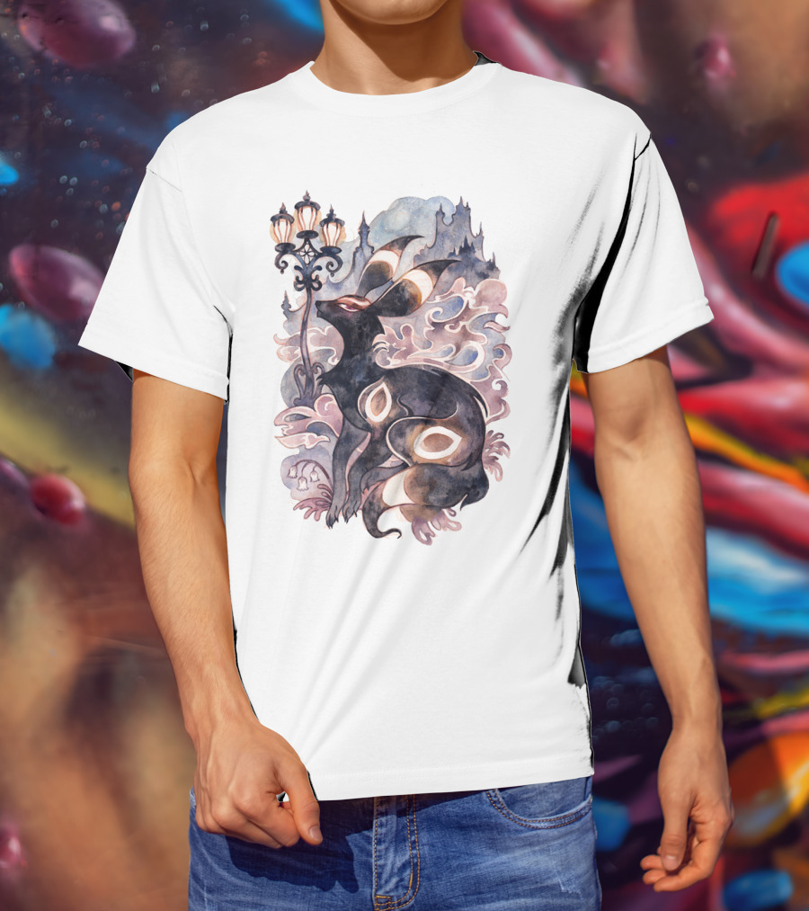 Watercolor Pokemon Umbreon Lamppost Castle Sky Background T-Shirt