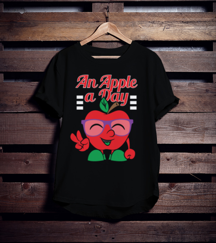 An Apple A Day Smiling Cartoon Apple With Glasses And Peace Sign T-Shirt