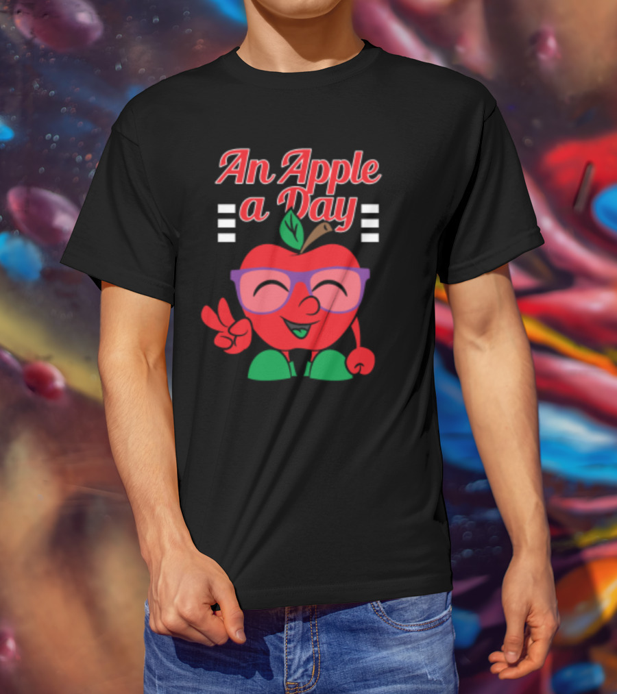 An Apple A Day Smiling Cartoon Apple With Glasses And Peace Sign T-Shirt
