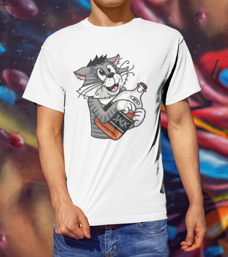 Jack Whiskey Cat Hugging Bottle Playful Striped Kitty Character T-Shirt
