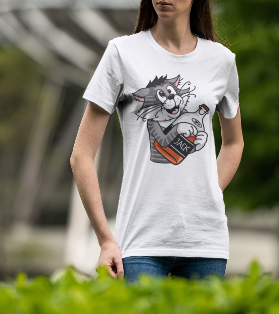 Jack Whiskey Cat Hugging Bottle Playful Striped Kitty Character T-Shirt